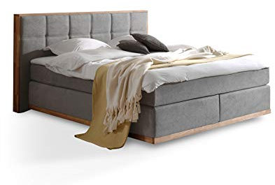 LEVANTOS Boxspringbett, Mix aus massiver Eiche und Velourgewebe, 180 x 200 cm, grau, Härtegrad 2