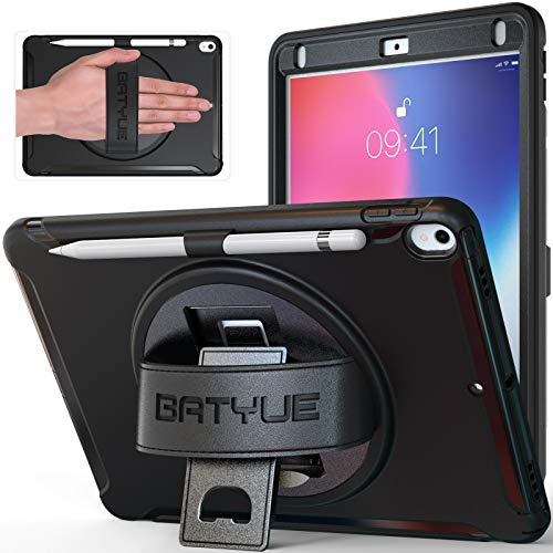BATYUE Étui pour iPad Air 3e génération 2019 et iPad Pro 10,5 2017, coque de protection robuste avec support pivotant à 360°, dragonne en cuir et porte-crayon – Pour entreprise, extérieur