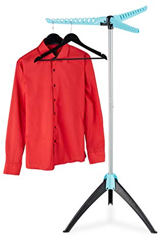 Relaxdays Bügelwäscheständer klappbar, 3 Arme, für Kleiderbügel, Wäscheständer, HxD: 128 x 56,5 cm, silber-türkis
