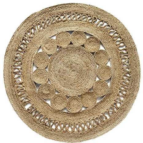 HAMID - Jute Teppich Alhambra Nazarí Round Natural Farbe 100% Jutefaser Teppich Handgefertigt, Geflochtenes Design, Naturfaserteppich für Dekoration, Wohnzimmer, Schlafzimmer, (120x120cm)