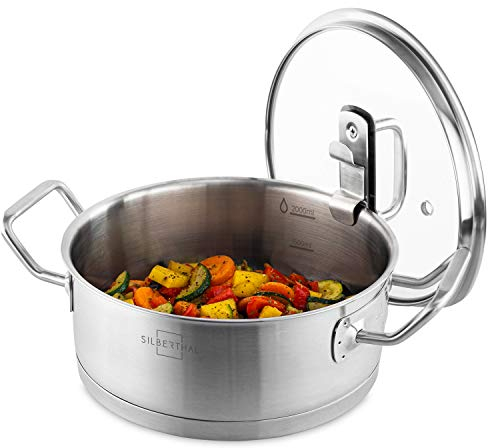SILBERTHAL Cazuela 20 cm acero inoxidable - Inducción gas y horno - Olla con tapa de cristal - Pequeña