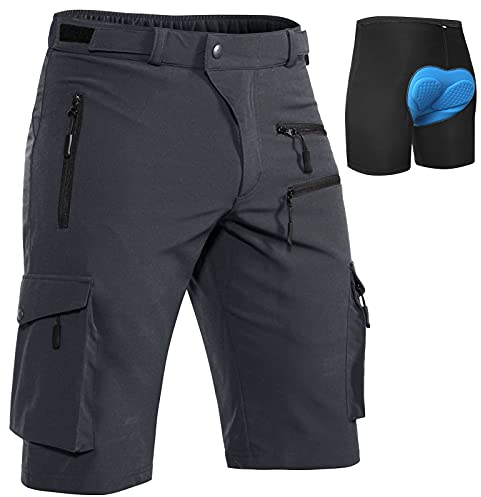 Hiauspor MTB-Hose-Herren-Kurz-Radhose-Fahrradhose-Herren Schnelltrocknend Mountainbike Hose Atmungsaktiv Radlerhose Wanderhose Cargo Trekking Bermuda für Outdoor (Dunkel Grau mit Unterwäsche, M)