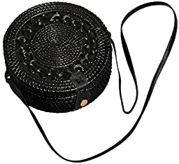 Ulisty Femmes Fait Main Rond Creux-sculptés Sac en rotin Tissés à la Main Cercle Sac de Paille Panier Sac de Plage d'été Sac d'épaule Sac bandoulière noir