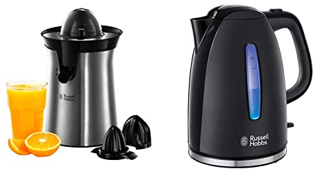 Russell Hobbs Presse Agrumes Electrique, 2 Sens Rotation, 2 Cônes Interchangeables, Jus de Fruit Frais Rapide - Inox 22760-56 & Bouilloire 1,7L, Ebullition Ultra Rapide - Noir 22591-70 Texture
