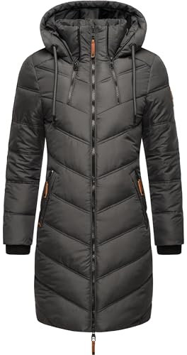 MARIKOO Damen Wintermantel Warmer Steppmantel lang mit Verstellbarer Kapuze Armasa Anthracite Gr. XXL