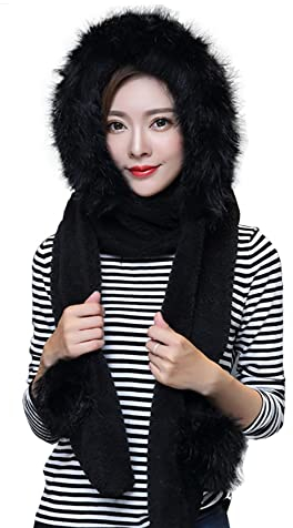 3-in-1 Damen Winter Kapuzenschal mit Fäustlingen Thermal Kunstpelz Kapuzenschal Neckwarmer Hoodie Tasche Warmer Outdoor-Ohrschal Winddicht Kälteschutz Mütze Schal Handschuhe Set