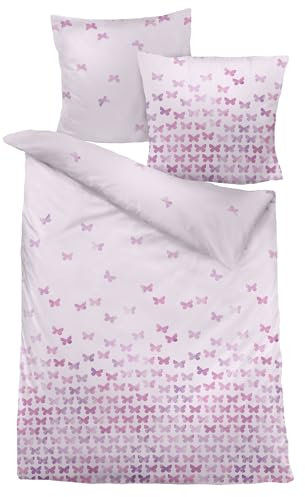 Carpe Sonno Biber Bettwäsche 135x200 cm Baumwolle - 2tlg Flanell Bettwäsche Winter - Deckenbezug + Kissenbezug mit Reißverschluss - Warme Winter Bettwäsche Rosa Schmetterlinge