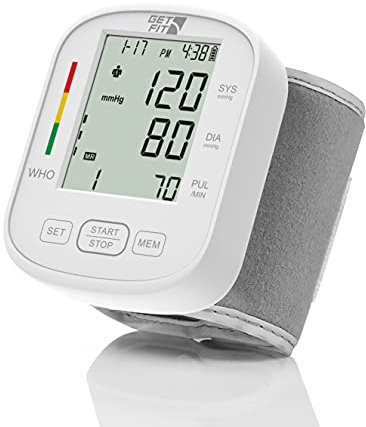 Get Fit Monitor de Presión Arterial de Muñeca para Uso Doméstico - Tensiómetro Médico - Dos Usuarios con 2 Memorias de 99 - Esfigmomanómetro con Manguito Ajustable, Pantalla LCD, Pulsómetro - Blanco