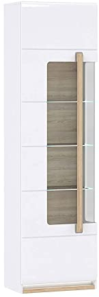 Vitrinenschrank 60 cm x 209 cm x 34 cm weiß glänzend und Dekor Eiche hell – Glas und Platte aus gehärtetem Glas – modern und schlicht – Alexiane
