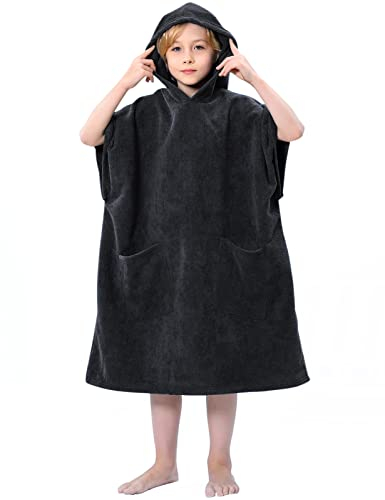 TOMEEK Handtuch Poncho mit Kapuzen Für Kinder Weich Strandponcho Teenager Surfponcho Badeponcho Strandtuch Bademantel mit Tasche Ideal Für Ferien, Schwimmen, Surfen, Strand, Bad(Schwarz)