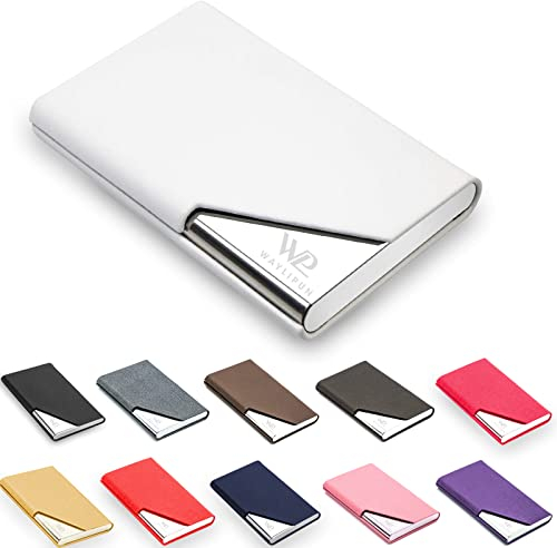 Waylipun porta biglietti da visita, Porta biglietti da visita Professionale in pelle PU, Porta Biglietti da Credito in Acciaio Inox con fibbia magnetica per Uomini e Donne (Bianco)