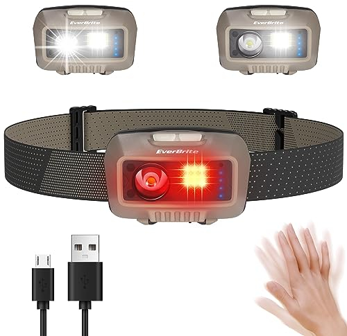 EverBrite Linterna Frontal LED USB Recargable, Linternas Cabeza 500 Lúmenes, 5 Modos de Iluminación, Impermeable,45°Ajustable,Sensor Inteligente,Lampára de Cabeza Ideal para Correr, Acampar,Marrón