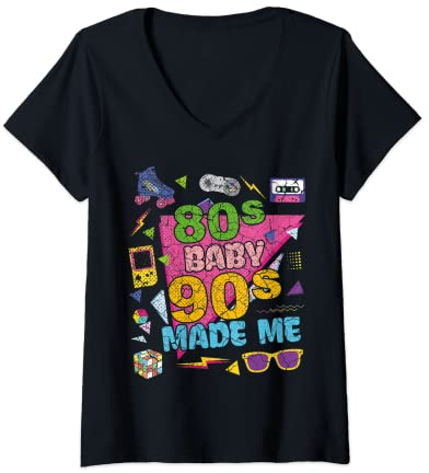 Damen Vintage Retro 80's Baby 90's Made Me 1980er 1990er Jahre Nostalgie T-Shirt mit V-Ausschnitt