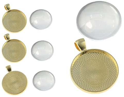 Perlin 6 Set Medaillons Metall Anhänger Fassungen und 20mm Rund Klar Glas Cabochon, Fassung Rahmen Super Optik Bastelset (Gold)