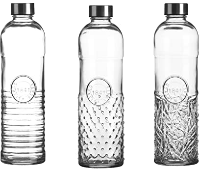 WESTCRAFT Oriental 1 Liter Schliff Glas Wasserflasche mit Schraubverschluss, luftdicht, Silikonabdichtung, Kühlschrank Wasser Trinkflasche, Vintage Glasflasche (Vintage 3er Set Stripe Dot Edge)