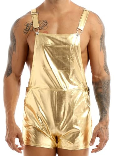 Freebily Salopette Uomo Corta Tuta da Uomo Stile Cargo da Lavoro Metallico Pantaloncini Corti Sportivi Tuta Ginnastica Artistica Overall da Danza Moderna Jazz Hip Hop Oro 3XL