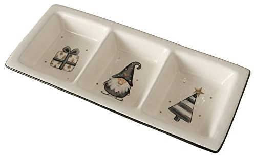 MamboCat Jörgen Plateau de Service 3 pièces I L31 cm Lutin avec Bonnet à Pois, Cadeau et Arbre I Noël I Plateau en faïence avec 3 Compartiments Dip, barquettes à Snacks, Biscuits, chocolats