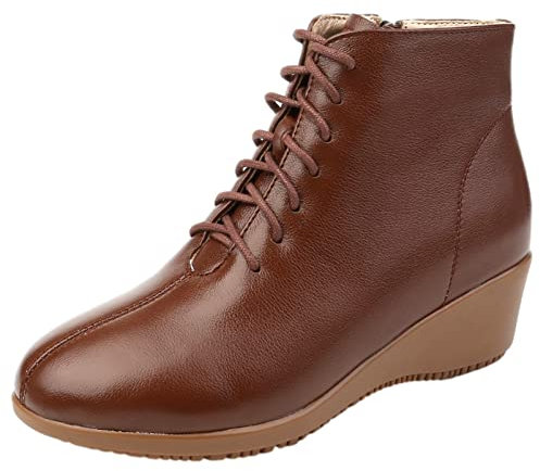 Jamron Donna Moda Vera Pelle Tacco a Zeppa Stivali con Lacci Invernali Stivaletti con Fodera in Pelle Marrone EU39.5