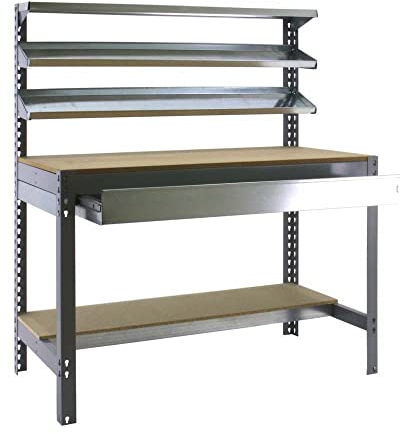 PROREGAL Werkbank Buffalo mit Frontablage und Schubfach | HxBxT 84x120x61cm | Traglast 600kg | Grau Werktisch Arbeitstisch Arbeitsbank Werkstattbank