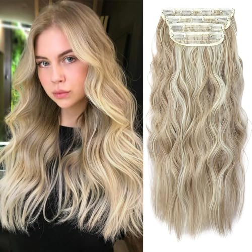 4Pcs Clip in Hair Extension, Curly Hair Extension Clip in, 20 Inches Long Synthetic Hair Extensions, Soft Wavy Hair Pieces for Women Full Head (Color:Dark Blonde Mixed Bleach Blonde)