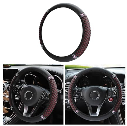 CGEAMDY Auto-Lenkradbezug, Leder Bestickte Farbe Diamantbesetzte Elastische Lenkradabdeckung, Anti Rutsch Universal Auto Lenkradhülle, Für Alle Jahreszeiten (Schwarz-Rot)