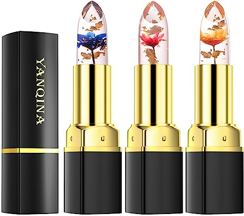 Jelly Lipstick, Pack of 3 Colour Changing Jelly Lipstick with Crystal Flower, Magic Temperature Colour, Waterproof Lip Balm, Flower Colour Changing Lip Gloss, Gift for Girls (A)
