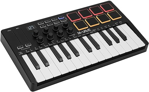 M-Wave Controlador de teclado MIDI USB de 25 teclas con 8 almohadillas de batería retroiluminadas, Bluetooth semipesado, teclado dinámico profesional, 8 perillas y producción musical, software