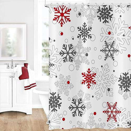 GCIREC Schneeflocke Duschvorhang, Grau Rot Weiß Weihnachten Schneeflocke Winter Badezimmer Vorhang Home Badewanne Dekor Wasserdichter Stoff Maschinenwaschbar mit 12 PCS Haken,180x200cm