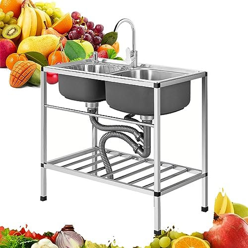 ZJIEX Lavandino da Esterno, Lavello da Cucina in Acciaio Inox Lavello A Doppia Vasca, Lavello Commerciale Indipendente con Rubinetto E Gocciolatoio Caldo E Freddo (Color : Cold Faucet, Size : 72x38c