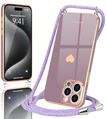 Wirvyuer Handykette Kompatibel mit iPhone 15 Pro Handyhülle,Lavendel | Necklace Hülle mit Band zum Umhängen, Kameraschutz Liebesherz Schutzhülle mit Halsband, Galvanik Silikon Umhängetasche