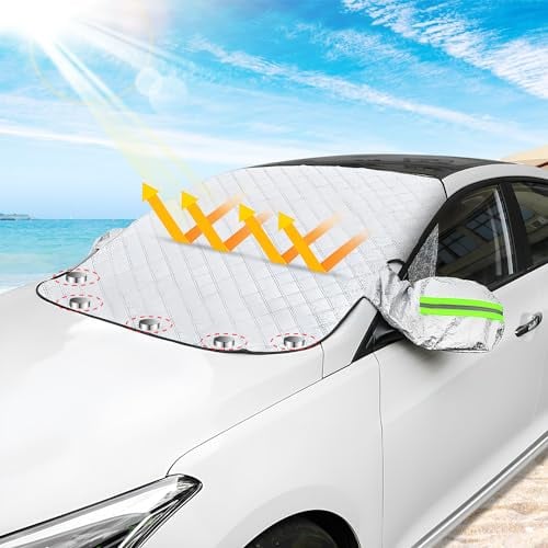 Copri Parabrezza per Auto Inverno, Telo Parabrezza Auto Antigelo, con 5 Magneti, Protezione dello Specchietto Retrovisore e Strisce Riflettenti per Applicabile Tutto L'Anno (243 x 105 cm)