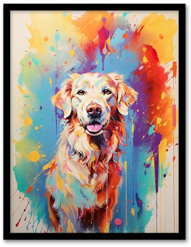 Artery8 Cream Golden Retriever Dog Lover Gift Pet Portrait Colourful Artwork Painting Artwork Framed Wall Art Print 18X24 Inch