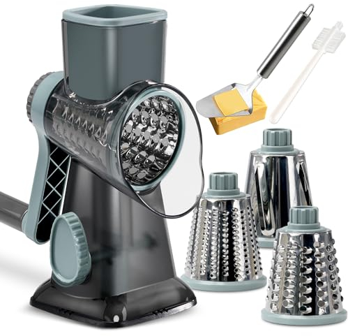 KEOUKE Râpe à fromage rotative à manivelle pour fromage, légumes, mandoline pour cuisine, 3 lames interchangeables pour fromage, pommes de terre, courgettes, noix, chocolat – Gris et bleu