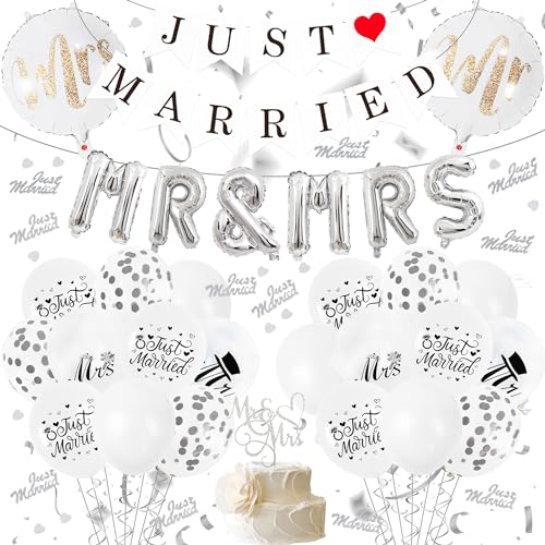 Wedding Decorations Just Married Banner - Mr and Mrs Party Supplies Set Includes Mr & Mrs Cake Topper Latex Silver Confetti Foil Balloons for Wedding Bridal Anniversary Decoration