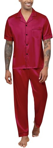 Reliwel Pyjama Homme Satin 2 Pièces Ensemble Pyjama pour Homme Chemise Manches Courtes Top Et Pantalon Long Soie Vêtements de Nuit Costume Vêtements De Détente