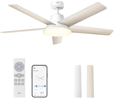 Dreo ventilador techo inteligente de 132 cm con luz LED regulable, 12 velocidades, 3 modos, temporizador de 12h, motor DC silencioso, control por control remoto/APP/Alexa, blanco para interiores