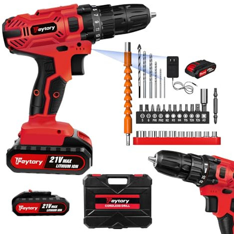 21V Cordless Power Drill Combi Drill with 2X Batteries, Max 45N.M Torque Screwdriver Electric Power Tools Battery Powered Drill and Screwdriver Set with Variable Speed, Led Light, 3/8 Chuck, Red