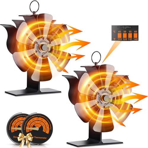 Kaminventilator, 2 Stück Ofenventilator Ohne Strom mit 6 Flügel, Kaminofen Ventilator für Holzofen, Leiser Betrieb Kaminlüfter Warmluftverteile Mit Temperaturanzeige Effiziente Wärmeverteilung