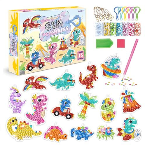 CAYUDEN Diamond Painting Schlüsselanhänger, 15 Stück DIY Dinosaurier Diamond Painting Keychain Kits for Kids 5D Diamant Painting Anhänger Gem Art Keyring Ornamente Bastelset Kinder 4 6 8 10 12 Jahre