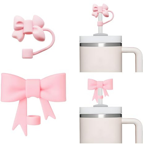 Straw Cover, 2 pcs 0.4 in / 10 mm Dustproof Leak Proof Cute Pink Bow Silicone Straw Tips Lightweight Reusable Straw Toppers for Women Teenagers Girls