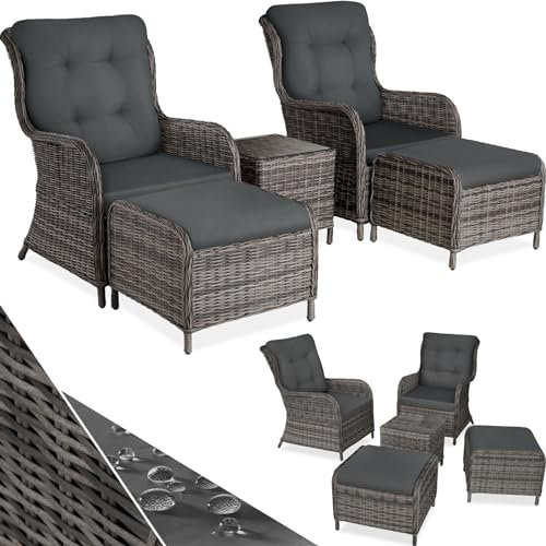 tectake® 2X Premium Rattan Sessel mit Hocker und Tisch, Relaxsessel für Garten, Terrasse und Balkon, Lounge Gartenmöbel Set wetterfest, Gartenstühle, Lesesessel und Sonnenliege - grau-meliert/grau