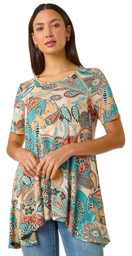Roman Originals Hanky Hem Tunic Top for Women UK - Ladies Longline Blouse Asymmetric Hemline Short Sleeves Casual Slouch Loose Summer Spring Relaxed Comfortable - Blue Floral - Size 14