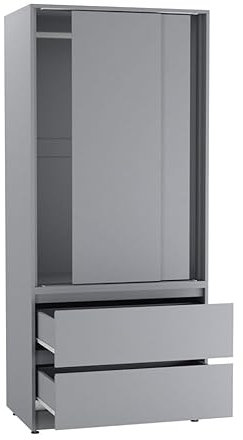 URBNLIVING 2-Door 2-Drawer Sliding Wardrobe, Modern Bedroom Storage Cupboard with Hanging Rail, Smooth Silent Sliding Doors, Adjustable Feet, Safety Wall Fixing and Mix or Match Carcass & Door Colours