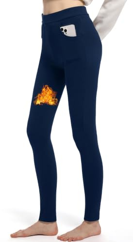 LYRIKER Winter Gefütterte Thermo Leggings aus Baumwolle mit Taschen | High Waist Damen Thermoleggings mit Fleece, Statikfreie Hautfreundliche Warme Leggings