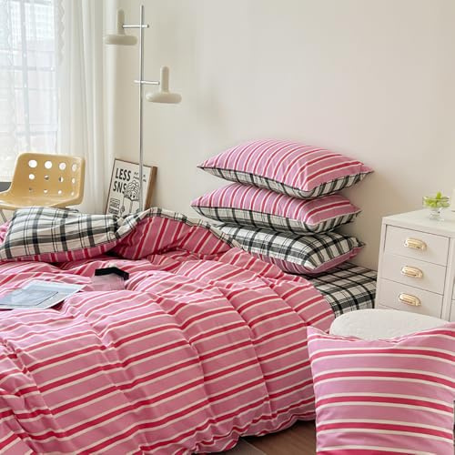 Covebett Housse de Couette 200x200 Rayée Rose et Gris à Carreaux Parure de Lit Adulte 2 Personnes Housse Couette en Microfibre Linge de lit avec Fermeture Éclair et 2 Taies d'oreiller 65x65