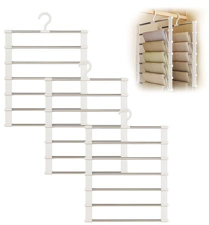 3 Piezas Perchas para Pantalones 7 en 1, Juego de Colgadores Múltiples Acero Inoxidable, Ahorra Espacio, Antideslizantes, Gancho Giratorio, Organizador Armario para Jeans, Faldas, Bufandas y Corbatas