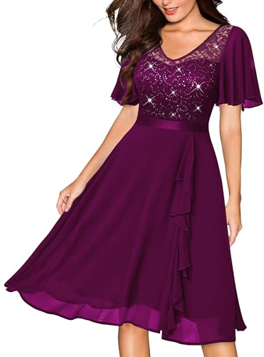 MIUSOL Women's Elegant Lace Sequins Insert Chiffon Ruffle Cocktail Party Prom Semi Formal Wedding Guest Swing Dress