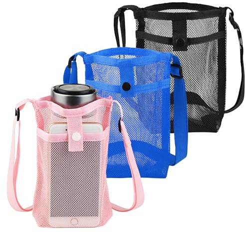 JINTANG 3PCS water bottle carrier with strap,Mesh Water Bottle Holder 500ml | with Adjustable Shoulder Strap Carrier Sling Bag for Adult Kids Outside Walking Hiking Camping Sport (3 Colors)