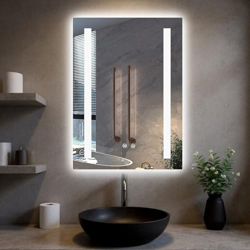CROWNSHOP LED Bathroom Mirror, Square with Touch Switch, 3 Lighting Modes, Anti-Fog, Dimmable, IP54 (50x70cm Vertical)