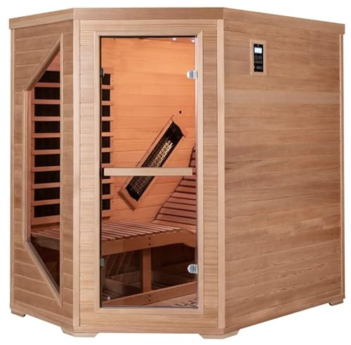 SNÖ Sauna Infrarouge d'Angle 1 Place | 2570W Panneaux Carbone et Céramique | Bois Hemlock Canadien avec Plancher | Port USB, Bluetooth, Chromothérapie | Dimensions Compactes